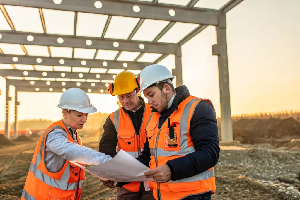 Country-Bank-construction-workers-in-construction-zone-look-at-paperwork