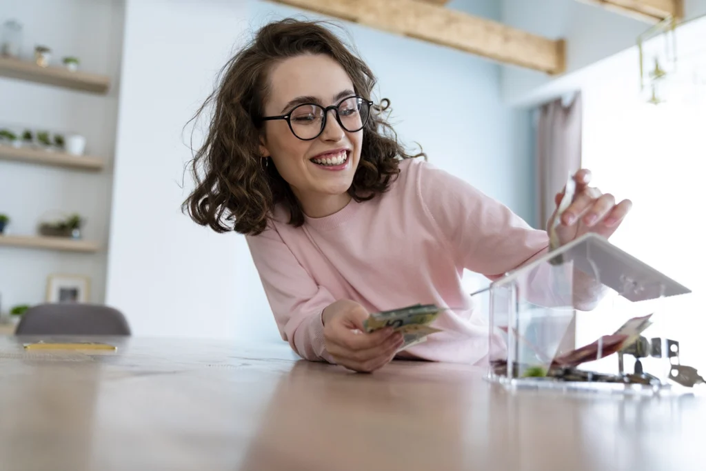 Country-Bank-girl-slipping-paper-money-in-miniature-glass-house-bank