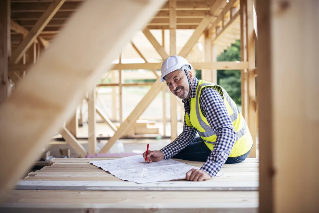 Country-Bank-man-in-hard-hat-drawing-blueprints-in-house-under-construction
